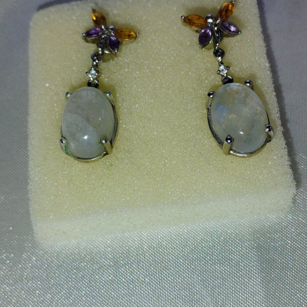 Moonstone and multi gem dangling earrings in sterling silver